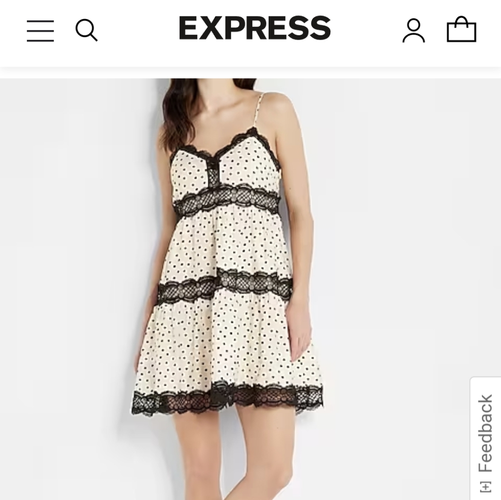 NWT Express Cream and Black Polka Dot and Lace Tiered Baby Doll Mini Dress